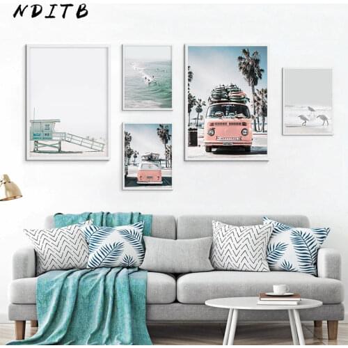NDITB Scandinavian Tropical Landscape Posters Modern Prints Sea Beach Bus Wall Art Canvas Painting Nordic Decoration Pictures