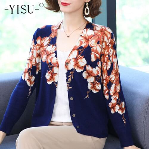 YISU 2021 New Loose Women Cardigans Sweater V-Neck printing Knitted Coat Cardigan Single Breasted Casual Knit Jacket Sweater