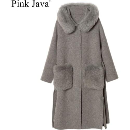 Pink java QC21006 new arrival hot sale real fox fur collar wool coat carshmere coats women winter coat fashion wholesale