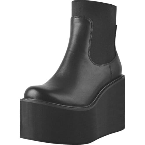Richealnana Slip-on Round Toe Boots Wedges High Heel Martin Boots Ankle Booties Platform Matte Black Big Size