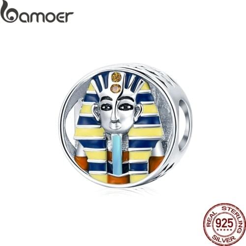 Bamoer Silver Ancient Egypt Pharaoh Charm Gold Colorful Enamel 925 Sterling Silver Charm for Original Bracelet Bangle SCC1858