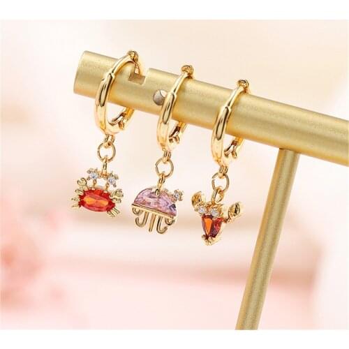 CZ Marine Animal Hoop Earrings Dolphin Goldfish Lobster Starfish Earrings for Women Girls Crystal Jewelry