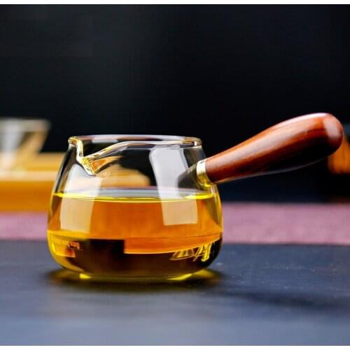 Heat Resistant Glass Fair Mug Gongdao Pitcher with Pear Wood Handle Gift Kung Fu Tea Heatable Teaware For Blooming Flower Herb