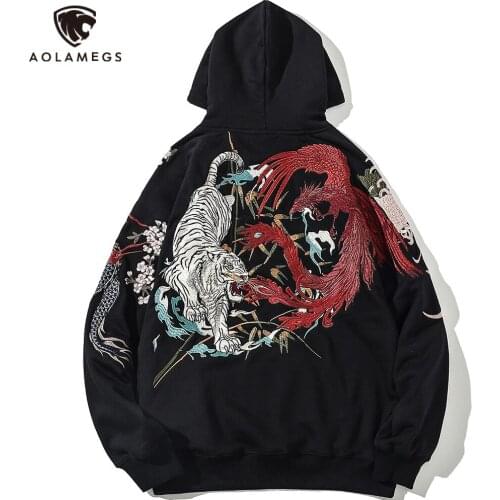 Aolamegs Hoodie Men Embroidery Sweatshirts Tiger Dragon Black Hooded Streetwear Harajuku Hip Hop Pullovers Oversized Hoodies