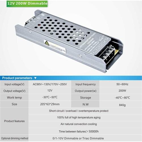 Triac & 0-10V dimmable DC power supply for led strip light DC 12Vdc 16.7A DC 24V 8.3A 200w lighting transformer