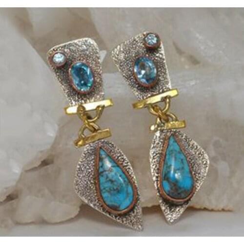 Vintage Blue Rhinestone Turquoises Stone Earrings Tribal Jewelry Dual Color Metal Drop Dangle Earrings for Women Party
