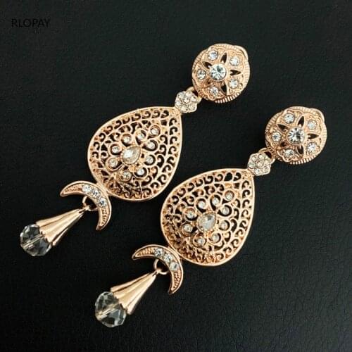 Rose Gold Water Drop Dangle Earrings for Women Morocco Ethnic Wedding Jewelry Hollow Flower Rhinestone Bridal Gifts