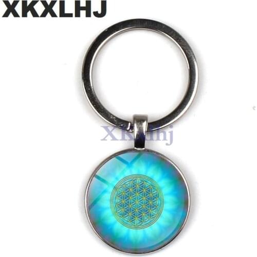 XKXLHJ New Mandala Blue Flower of Life Keychain Art Glass Pendant Sacred Geometry Cute Keychain Jewelry Gift