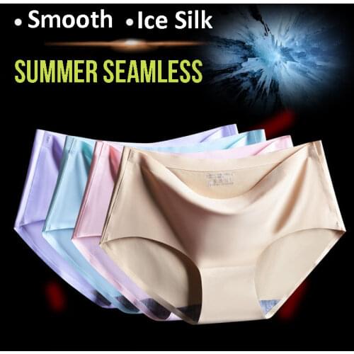 Women Soft Ice Silk Seamless Panties Smooth Summer Lingerie Briefs Underwear Hipster Underpants Mid Waist Panty