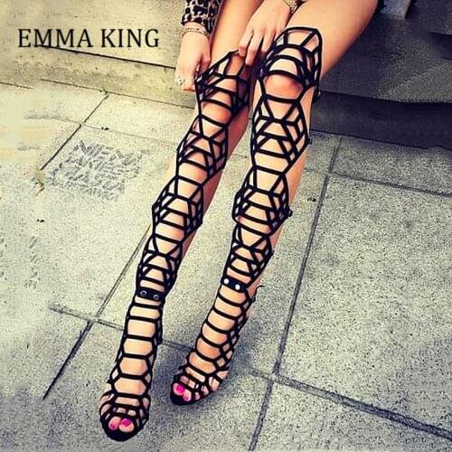 2021 Summer Women Over the Knee Gladiator Boots Sexy Open Toe Stiletto Heels Cut Out Gladiator Sandals Black Straps Sandal Boots