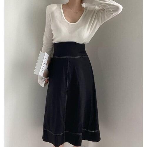 Sannian Women Two Piece Set Fall New Minimalist V-neck Slim Bottoming Shirt T-shirt+high Waist Skirt Women Two Piece Outfits
