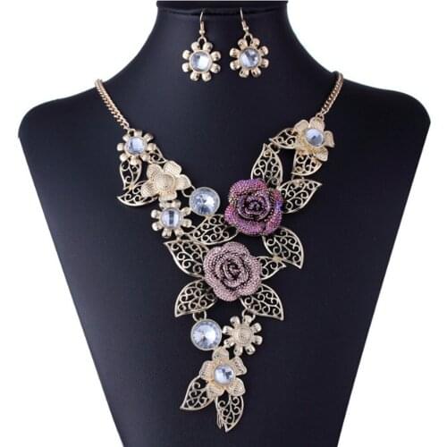 Womens Elegant Vintage Flower Gold Necklace Statement Earrings Jewelry Set Fashion Jewelry Necklace Women Necklace In Bulk