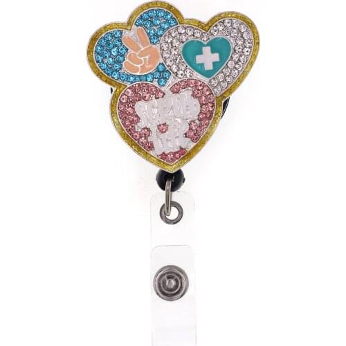 20pcs/Lot New Fashion Heart Rhinestone Badge Reel Scrub Life Nurse Three Heart Stitching Badge Reel