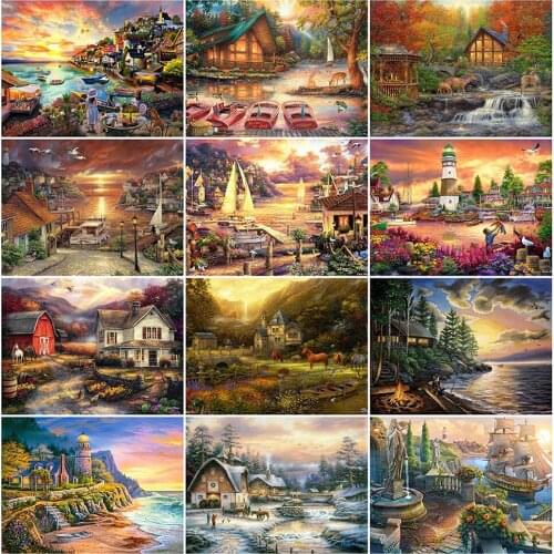 Diamond Painting 5D House Full Round Drill Diamond Embroidery Sunset Picture Of Rhinestones Landscape Needlework Home Decor