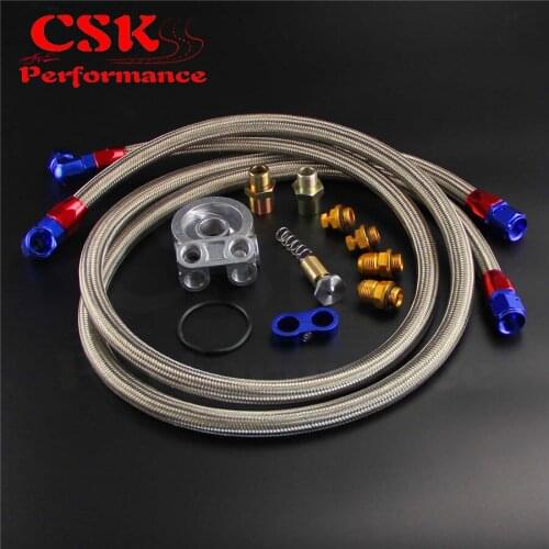 AN10 Nylon Braided / SS Braided Oil Line +Filter Sandwich Adapter Thermostat w/ 80 Degree 176F Kit Black/Silver