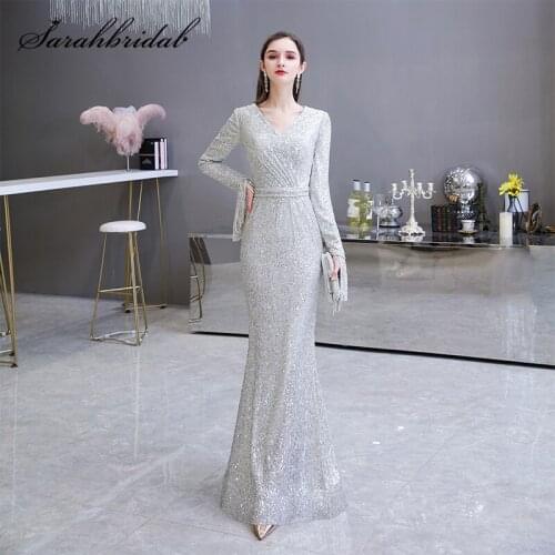 Sparkle Evening Dresses Trumpet V Neck Zipper Long Sleeve Floor Length Sequined Gown Sequins 2021 Silver Robe De Soiree ED1004