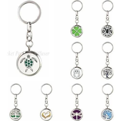 Tortoise Tree of Life Dragonfly 30mm 316L Stainless Steel Aromatherapy Diffuser Locket Keychain Keyrings Jewelry 10pcs Pads