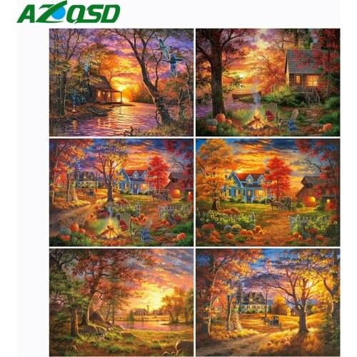AZQSD Painting By Number House Canvas Kits Acrylic Paint Home Decoration Unframe Coloring By Numbers Fall Landscape Unique Gift