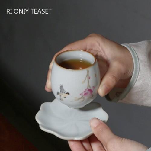 Retro Ru Kiln Ceramic Teacup Travel Personal Meditation Cup Hand Painted Flowers and Birds Tea Bowl Master Cup Household Tea Set