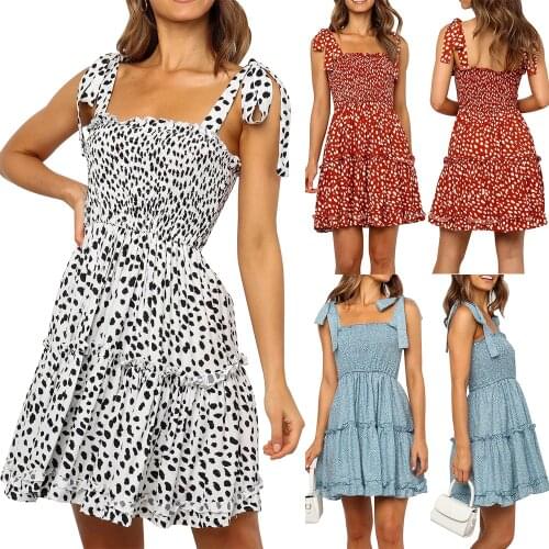 Summer Dress Women Dot Print A-Line High Waist Dress For Women Lace-Up Square Neck Ruffle Stitching Pullover Dresses Femme Robes