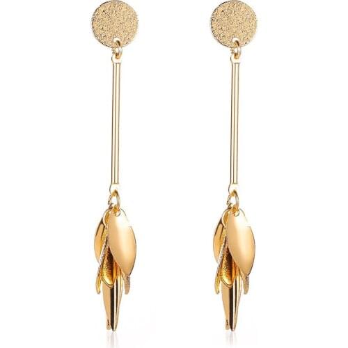 Fashion Long Leaf Earrings Vintage Frosted Round Disc Long Tassel Leaf Dangle Stud Earrings Jewelry Street Style Stud Earrings