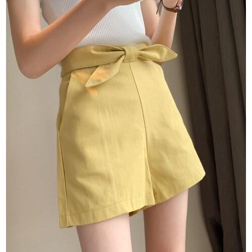 2020 Summer New Korean Style Womens High Waisted Bow Yellwo Beige Black Shorts , Casual Ladies Woman Cotton Shorts