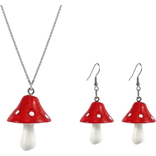 Mushroom Necklace and Earrings Set Amanita Muscaria Jewelry For Women White Spotted Mushroom Fairy Necklace And Earring Set