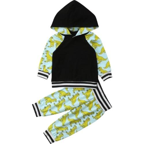 Toddler Baby Boy Clothong 2pcs Dinosaur Pullover Hoodie Printed Striped Top+Cartoon Harem Pants Trousers Autumn Outfits Set