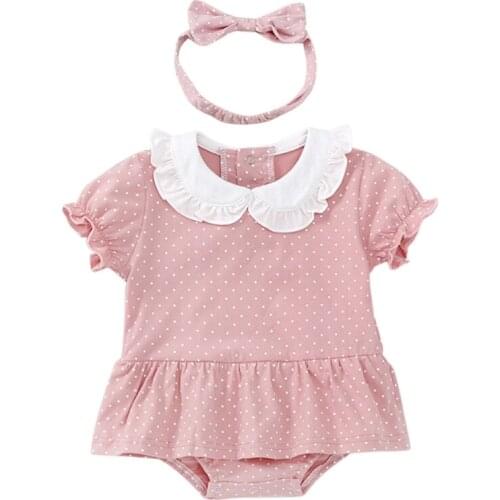 Newborn Baby Girls Short Sleeve Ruffles Bodysuits With Headband 2021