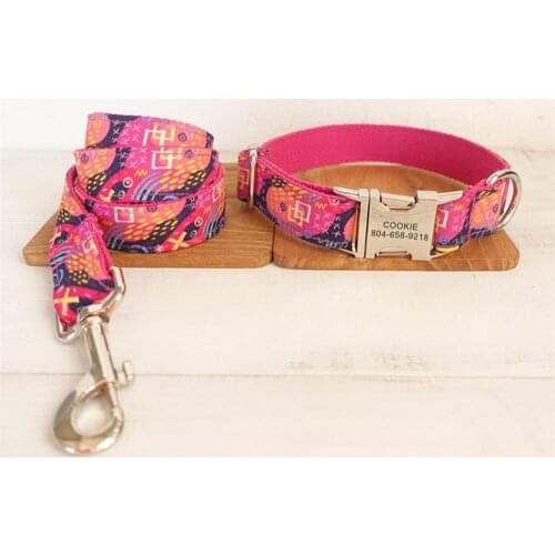 Personalized Pet Collar Customized Nameplate ID Tag Adjustable Pink Scrawl Cat Dog Collars Lead Leash Set