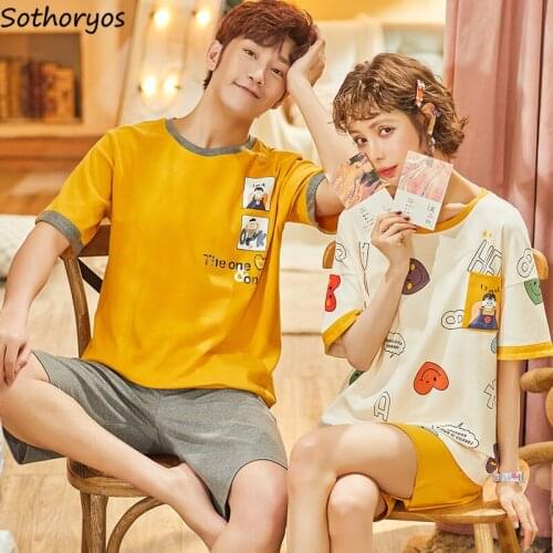 Pajama Sets Couples Short Sleeve Cartoon Printed Simple Loose Casual O-neck Trendy Lovely Chic Ulzzang Comfortable Sleepwear New