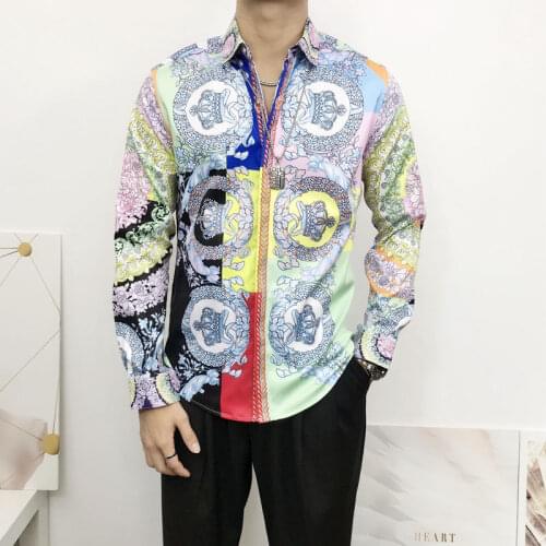 New Floral Shirt Men Colorful Royal Crown Print Wedding Shirt Man Long Sleeve Slim Fit Camisas Hombre For Party Prom Club Shirt