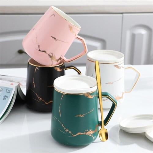Nordic Ceramic Marble Pattern Coffee Mug with Lid and Spoon Set Minimalist Phnom Penh Milk Mug Creative Tea Cup Office Drinkware