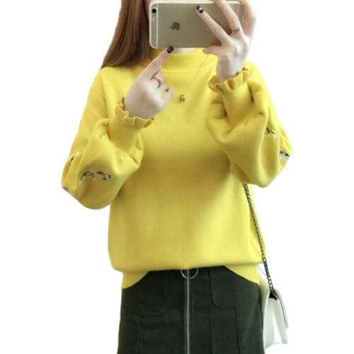 Embroidery Knit Sweater Women Ruffled Lantern Sleeves Half Turtleneck Sweater Female Clothes Long Sleeve Sweater Bottoming Shirt