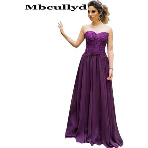 Mbcullyd Dark Purple Long Bridesmaid Dresses 2020 Flowing Chiffon And Lace Applique Formal Dress For Wedding Party Gown With Bow