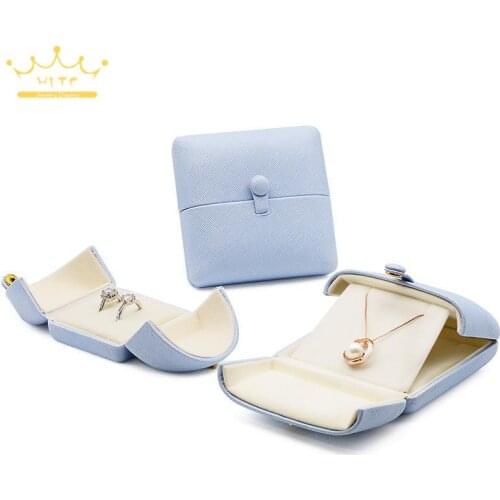 Misty Blue Reticulated Pu Leather Snap Double Opening Jewelry Storage Box Necklace Collection Box Wedding Ring Box