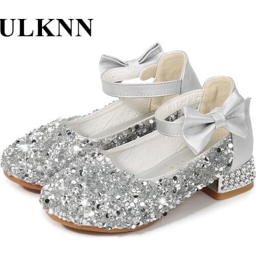 ULKNN Girls Princess Shoes Kids Crystal Leather Shoes 2021 Spring New Childrens Single High Heel Shoes Bow-knot Silver 26-38
