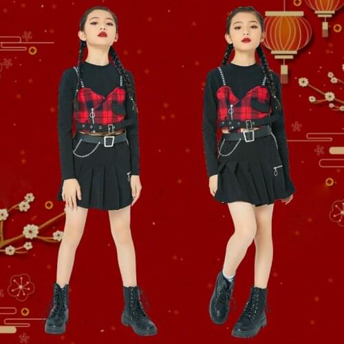 Hip Hop Costume Girls Jazz Cheerleader Clothing Long Sleeves Tops Skirt Suit Hiphop Kids Ballroom Dancing Clothes Rave DNV14311