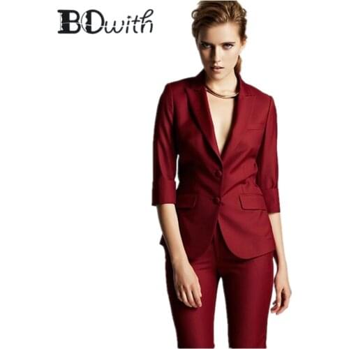High Quality Burgundy Women Pantsuits Work Pant Suits OL 2 Piece Sets Women Blazer Jacket & Pencil Pant Suit For Women Set