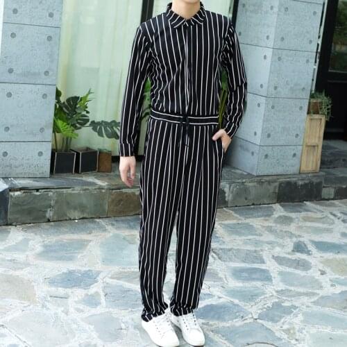 High Quality Brand Mens Coverall Spring Autumn New Korean Men Vertical Stripes Jacket Jumpsuit Plus Size Elastic Wais Trousers