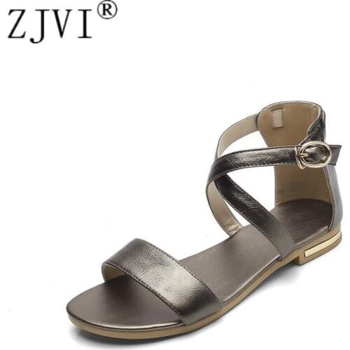 ZJVI Women 2020 Hot Summer Cow Leather Flat Sandals Womens Fashion Ladies Ankle Warp Sandal Woman Sexy Casual Flats Party Shoes