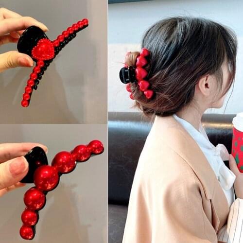 New Fashion Women Red Color Pearl Imitation Hair Clip Snap Barrette Stick Hairpin Hair Accessories