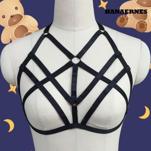 HANAERNES Women Black Body Harness Sexy Goth Harness Crop Top Bondage Harness Cage Bra Bralette Open Chest Body Belt Suspender