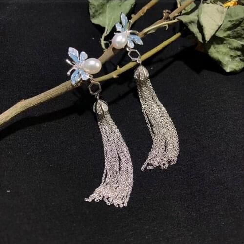 S925 Silver Empty window Enamel Pearl tassels Drop-Earrings,Honeybee women earrings with freshwater pearls,3 colors Jewelry gift