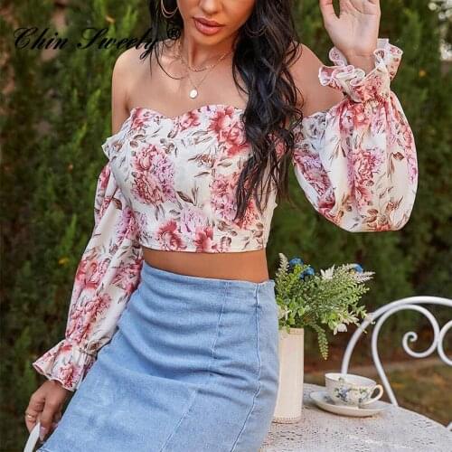 Women Rose Print Off The Shoulder Super-short Tube Top Female Blouses Lantern Long Sleeve 2021 Spring New Trend Ladies Wears