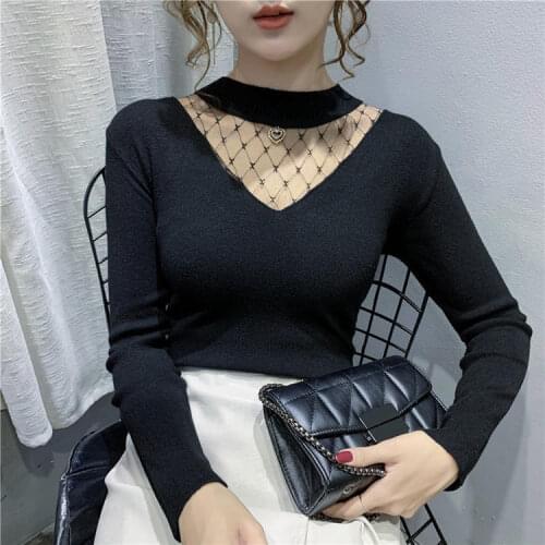 Sexy Mesh Stitching Knitwear Womens Autumn Winter Long Sleeve Slim Turtleneck Sweater Inner Wear Blouse