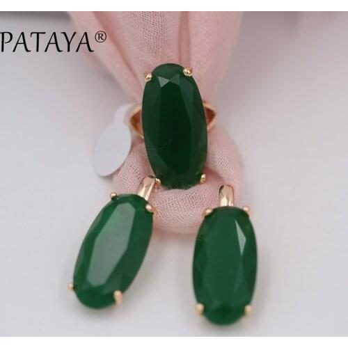 PATAYA New Bride 585 Rose Red Fine Jewelry Sets Green Oval Artificial Zircon Dangle Earrings Ring Sets Women Vintage Jewelry Set