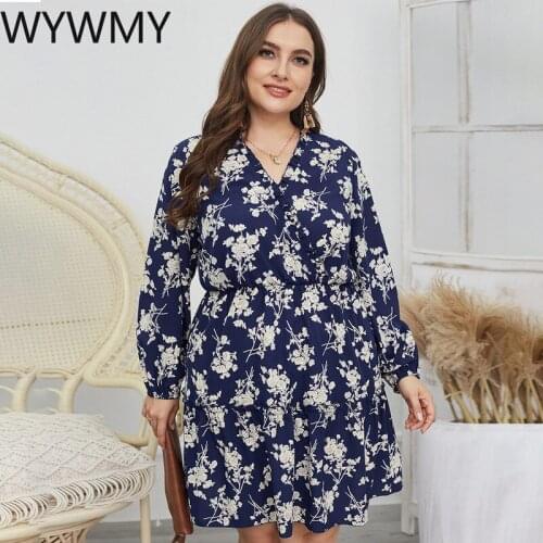 WYWMY Summer Women Floral Print Dress Plus Size Boho Long Sleeve High Waist V Neck Sexy Party Dresses Female Vestidos 2021 New