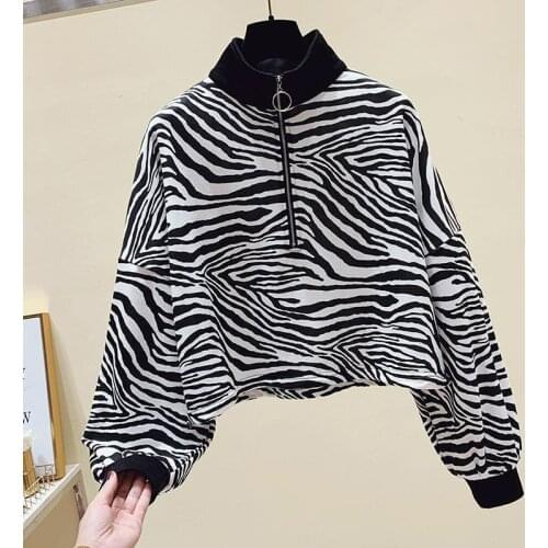 Retro Zebra Print Plush Hoodies womens autumn 2020 new Korean loose short Hoodie womens standing collar half zipper top