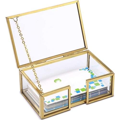 1Pc Creative Transparent Desktop Business Card Holder Brass Glass Display Stand Office Supplies